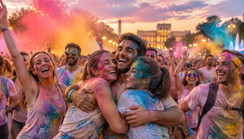 Mulțime la un festival, cu brațele deschise.